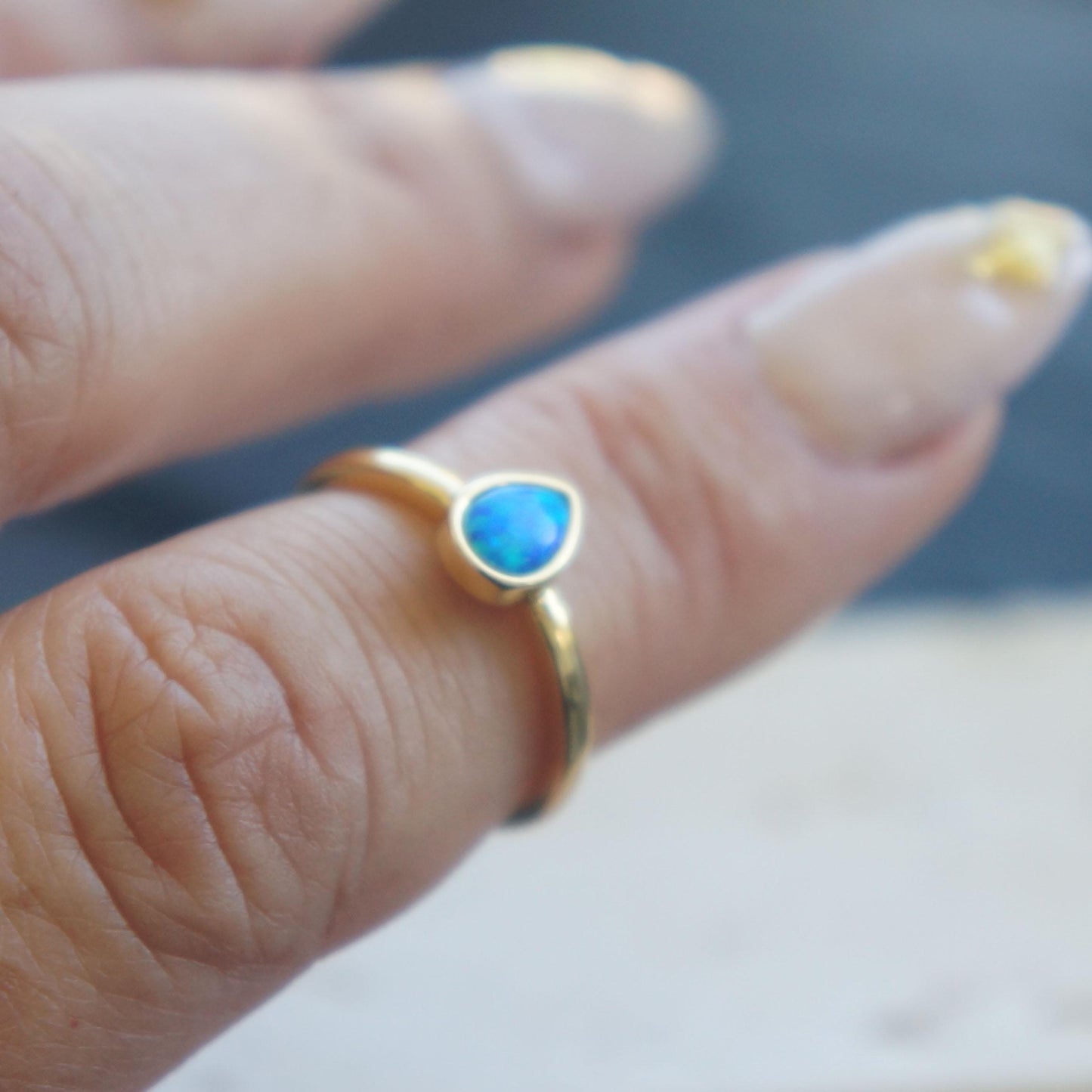 Blue Opal Gold Ring, Adjustable Ring