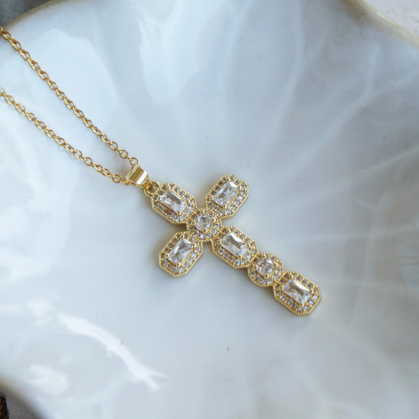 Large Victorian Gold Crystal Cross Necklace