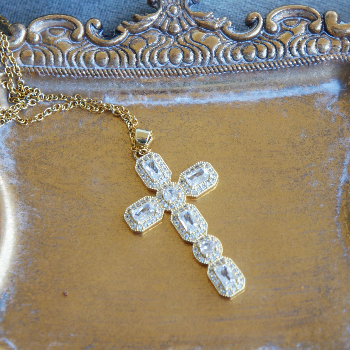 Large Victorian Gold Crystal Cross Necklace