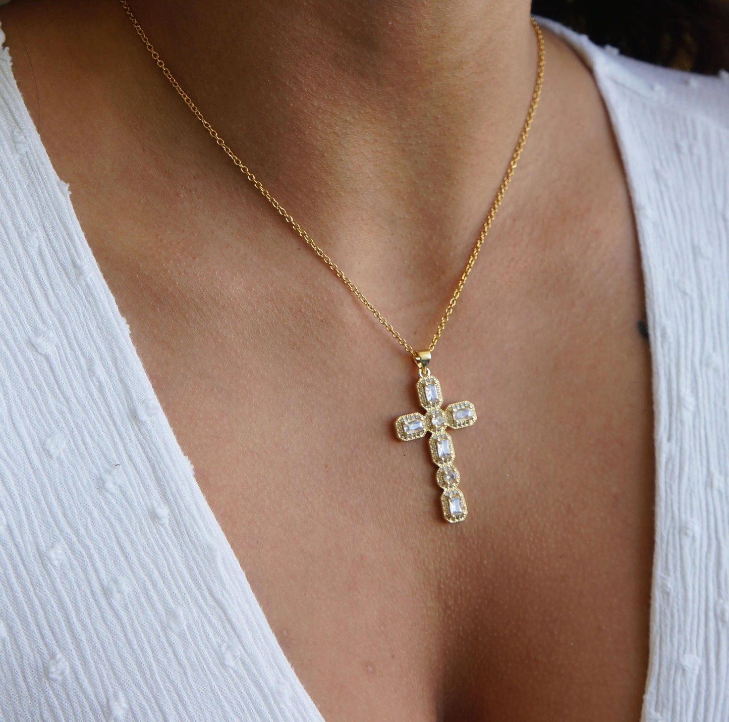 Large Victorian Gold Crystal Cross Necklace