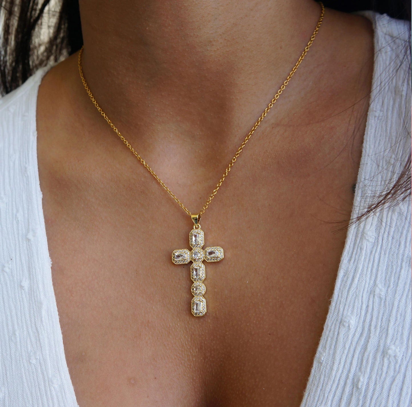 Large Victorian Gold Crystal Cross Necklace