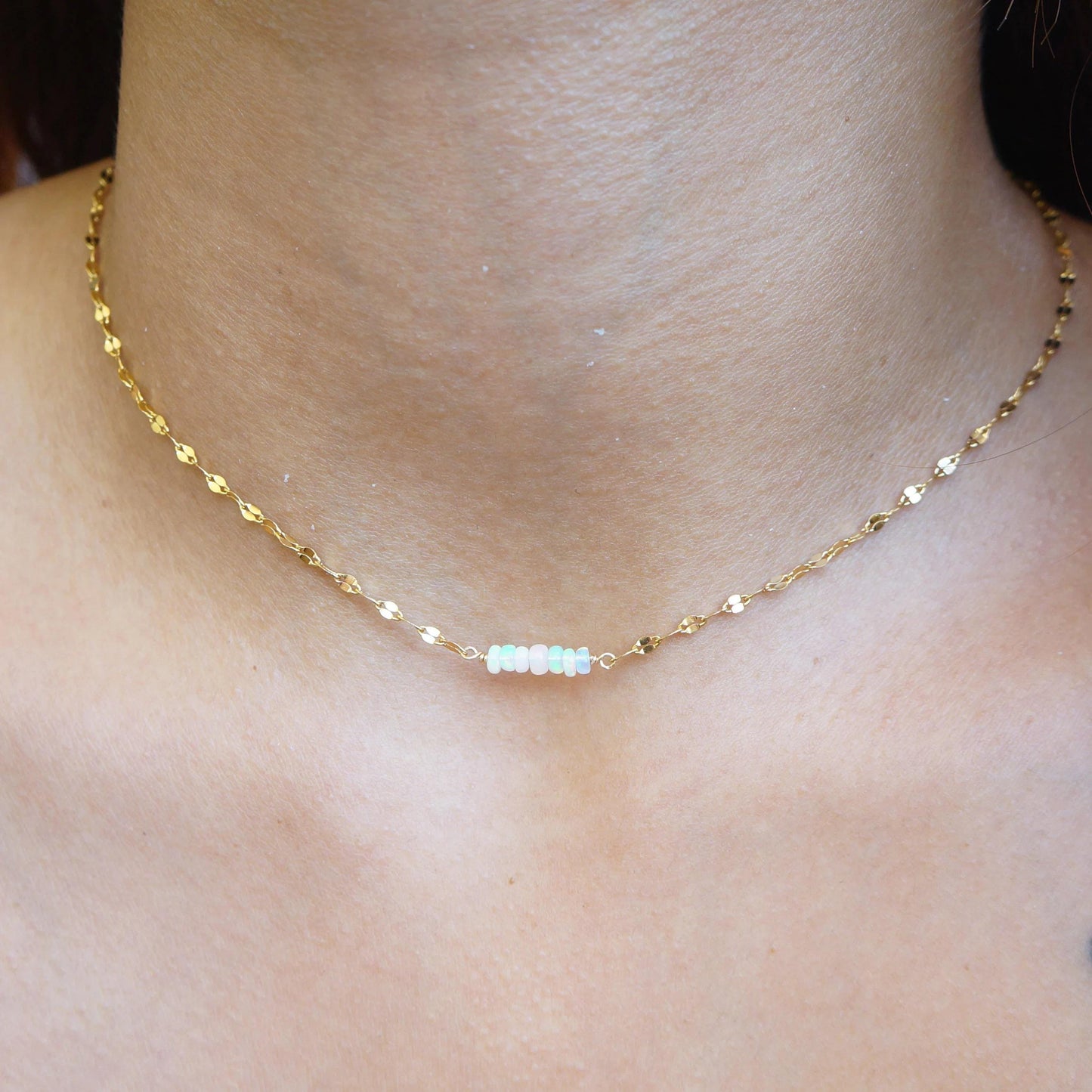 Mini Opal Necklace Tiny Gemstone Bar Necklace Genuine Ethiopian Opal Gems Tiny Rondelles Necklace for Woman October Birthstone Necklace