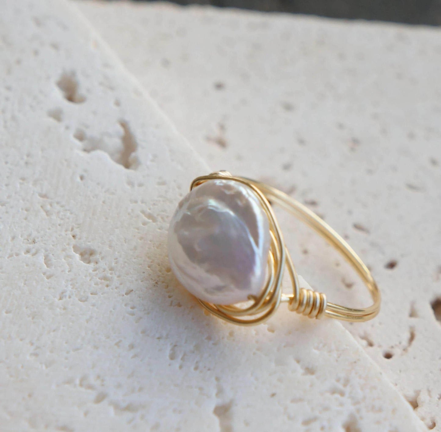 Wire Wrapped Coin Pearl Ring 14kt GF Wire, Dainty Freshwater Pearl Ring, Handmade Jewelry, Handcrafted Jewelry, Minimalist Ring