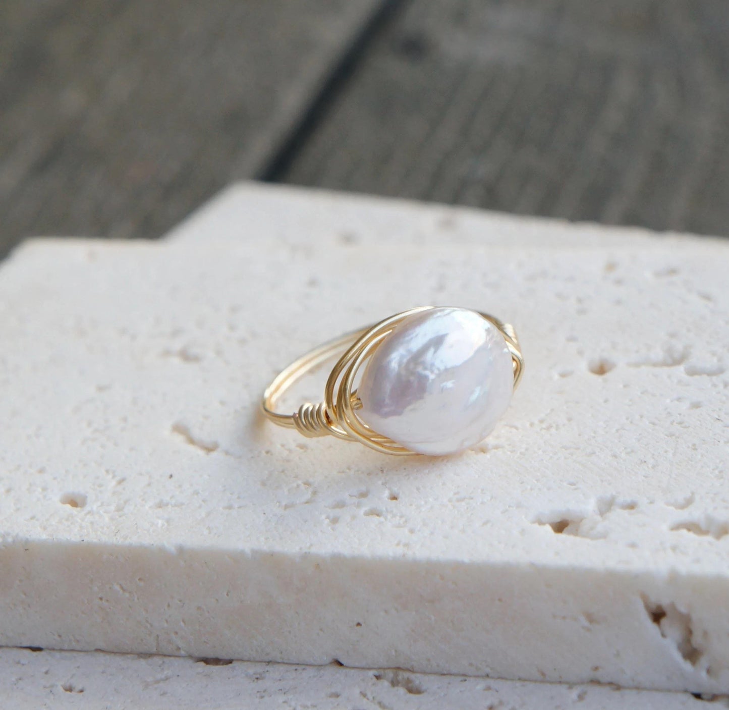 Wire Wrapped Coin Pearl Ring 14kt GF Wire, Dainty Freshwater Pearl Ring, Handmade Jewelry, Handcrafted Jewelry, Minimalist Ring