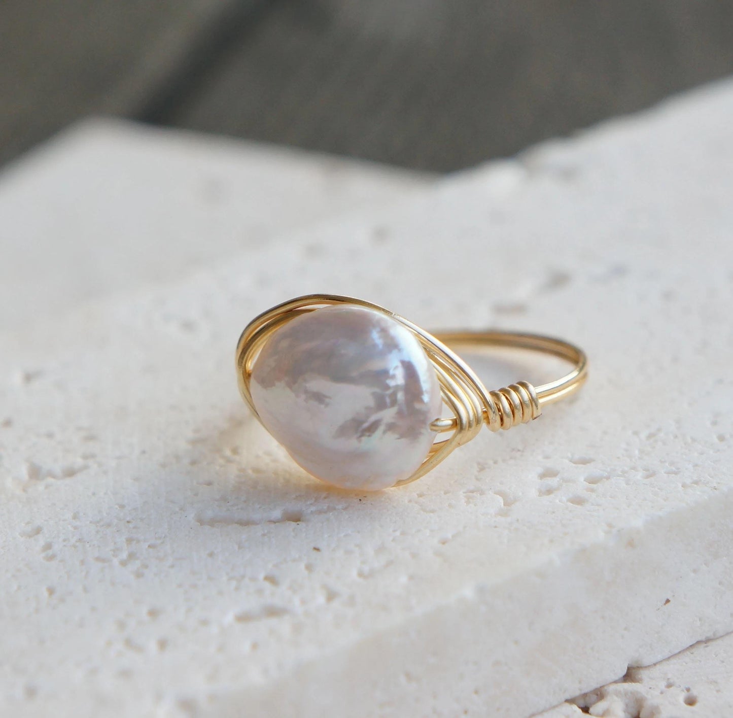 Wire Wrapped Coin Pearl Ring 14kt GF Wire, Dainty Freshwater Pearl Ring, Handmade Jewelry, Handcrafted Jewelry, Minimalist Ring