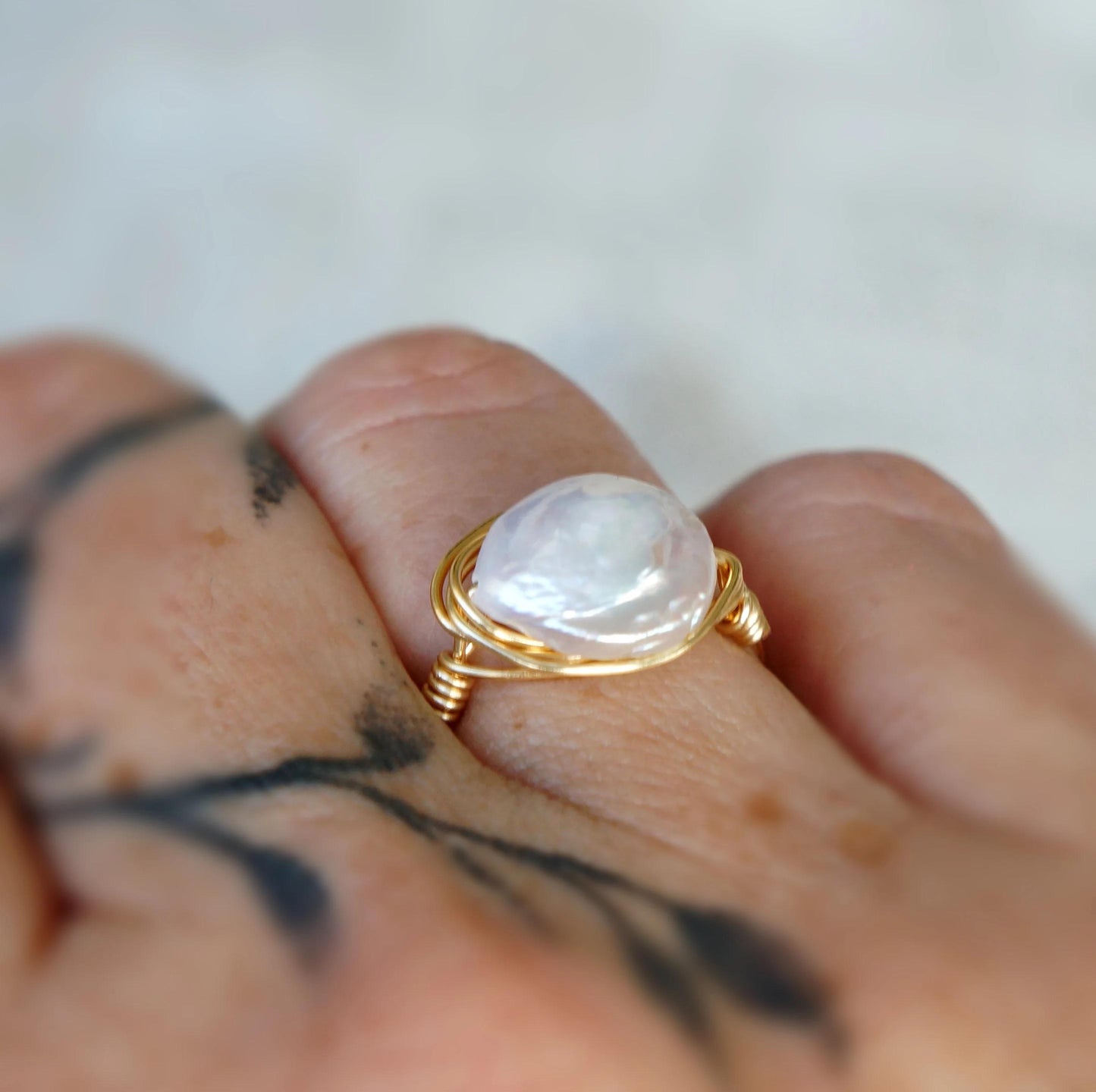 Wire Wrapped Coin Pearl Ring 14kt GF Wire, Dainty Freshwater Pearl Ring, Handmade Jewelry, Handcrafted Jewelry, Minimalist Ring