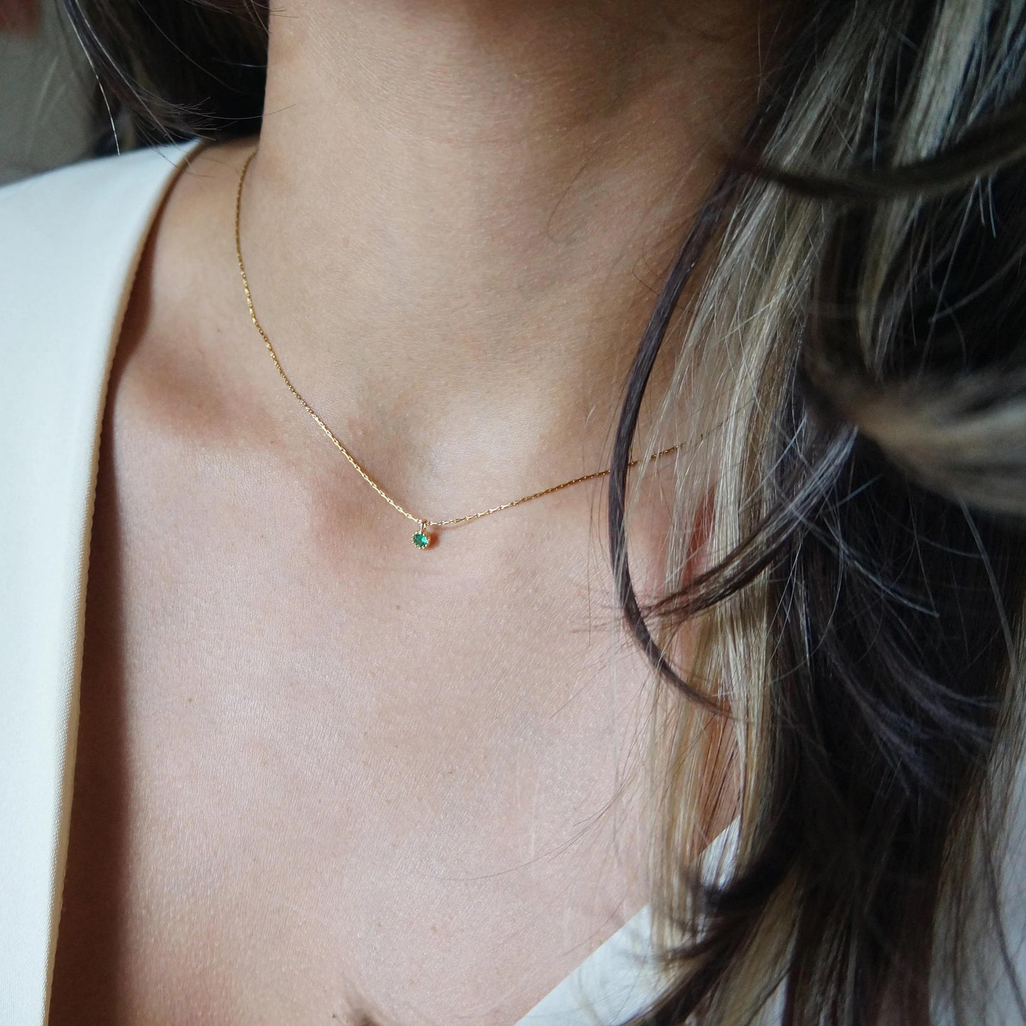 Dainty Minimalist Tiny Emerald Gold Necklace