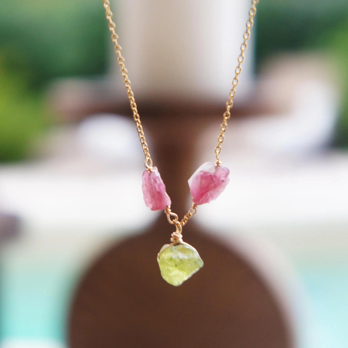 Peridot Tourmaline Necklace, Wire Wrapped Gold Chain, Natural Stones Jewelry, Spiritual Healing Gift, Raw Crystals Necklace, Anniversary