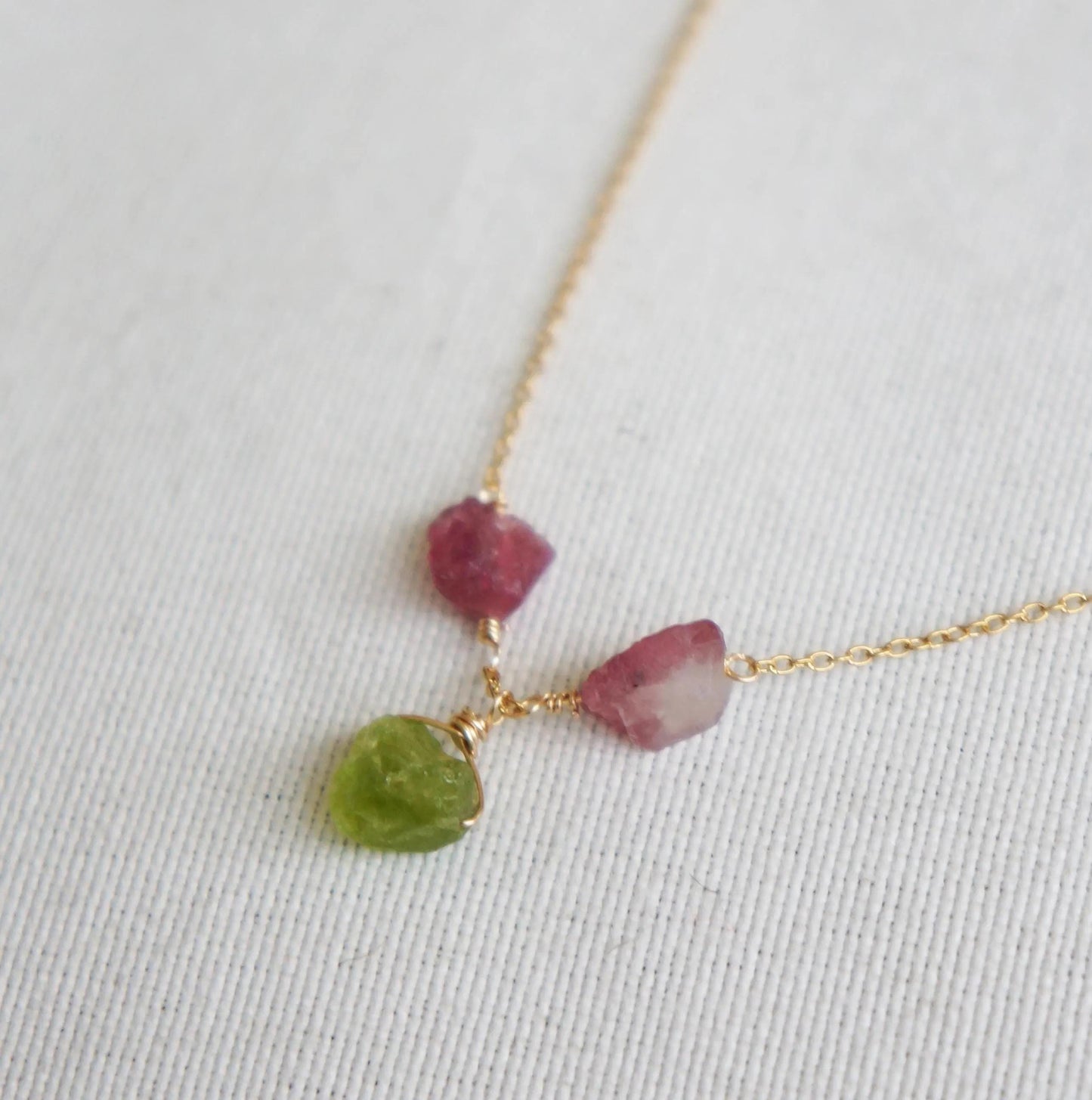 Peridot Tourmaline Necklace, Wire Wrapped Gold Chain, Natural Stones Jewelry, Spiritual Healing Gift, Raw Crystals Necklace, Anniversary