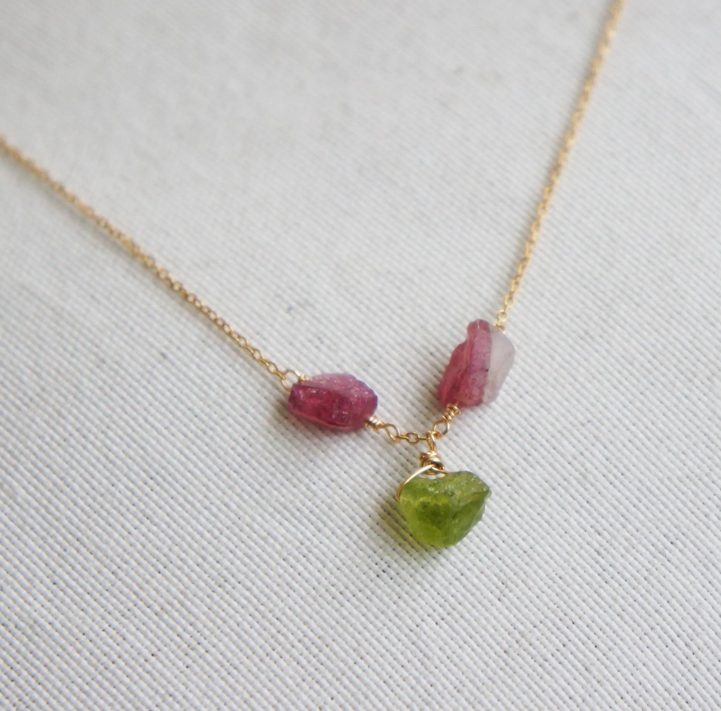 Peridot Tourmaline Necklace, Wire Wrapped Gold Chain, Natural Stones Jewelry, Spiritual Healing Gift, Raw Crystals Necklace, Anniversary