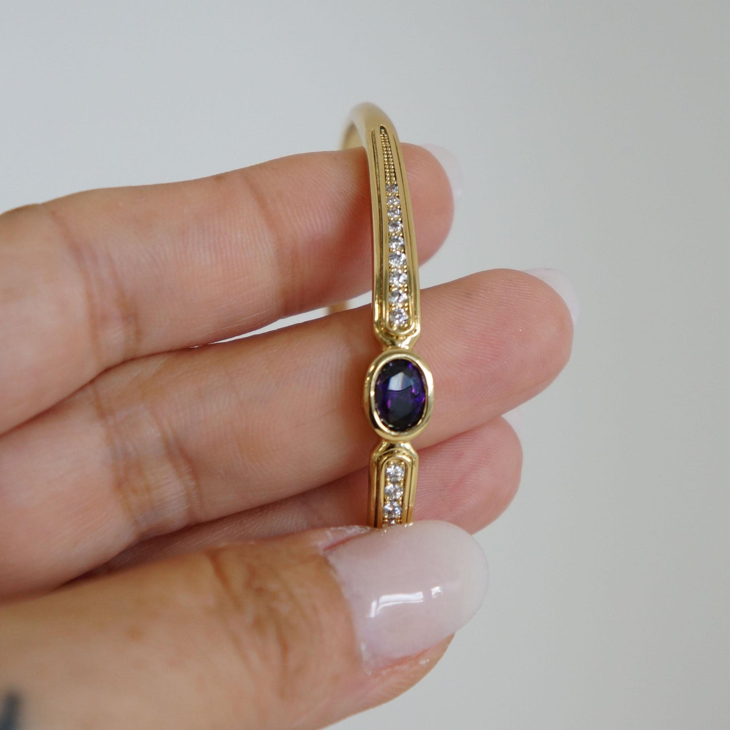 Gold Bangle Bracelet with Purple CZ Crystal, Dainty Elegant Design, Delicate Jewelry, Women's Gift, Bangle, Layering Bracelet, Gold Jewelry