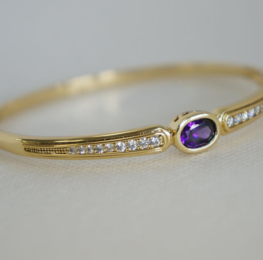 Gold Bangle Bracelet with Purple CZ Crystal, Dainty Elegant Design, Delicate Jewelry, Women's Gift, Bangle, Layering Bracelet, Gold Jewelry