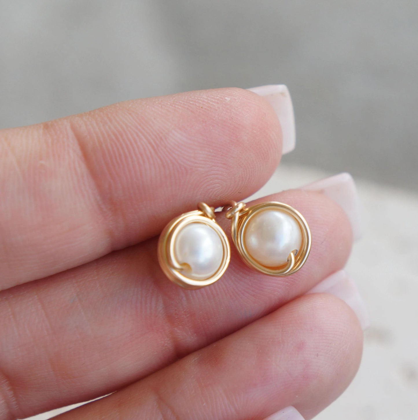 Gold Wire Wrapped Pearl Stud Earrings