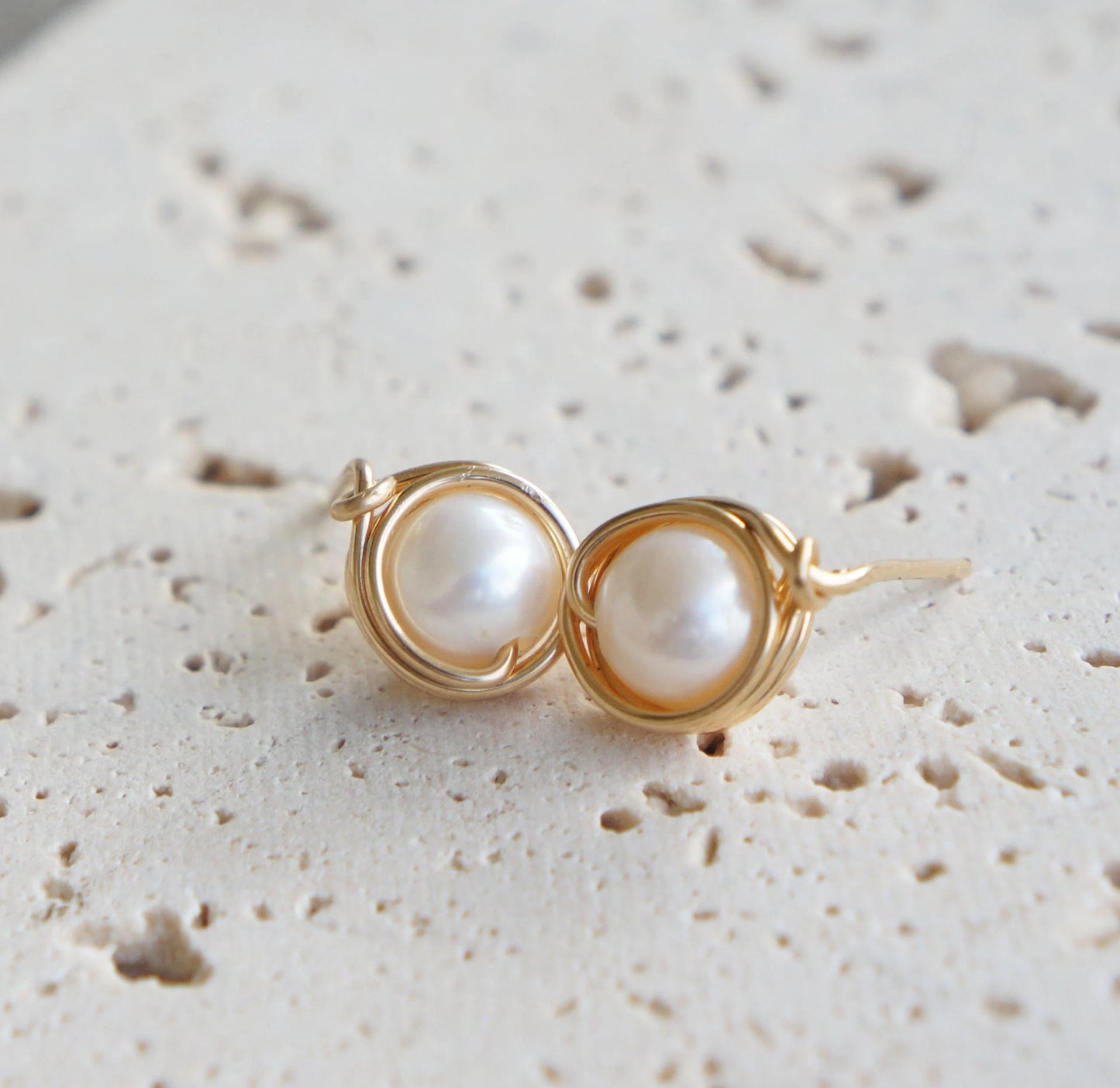 Gold Wire Wrapped Pearl Stud Earrings