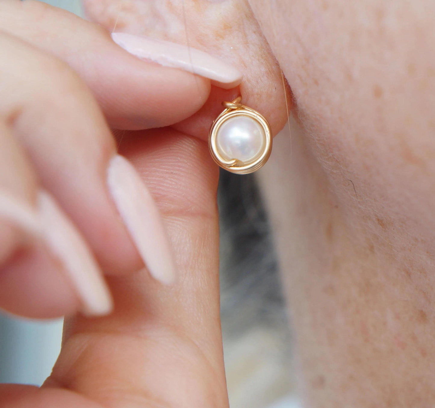 Gold Wire Wrapped Pearl Stud Earrings