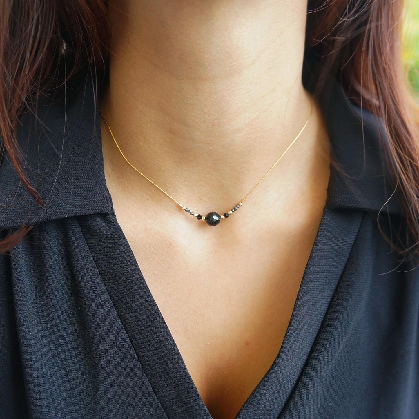 Black Tourmaline Necklace Protection Necklace Powerful Tourmaline Beaded Necklace Delicate Chain Thread 14kt Gold Filled Necklace Gift