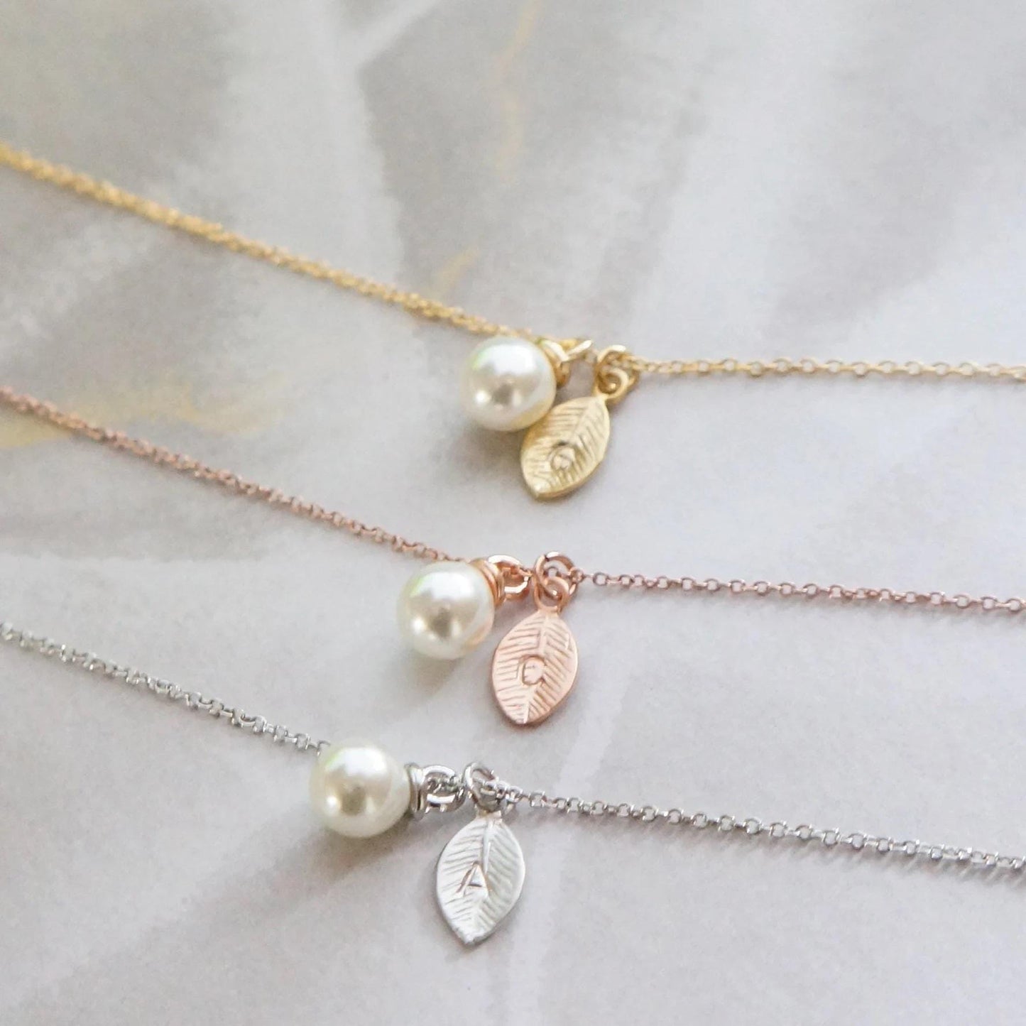 Dainty Pearl Necklace Bridesmaid Gift Personalized Tiny Leaf Necklace Girls Necklace Minimal Pearl Necklace Bridal Jewelry