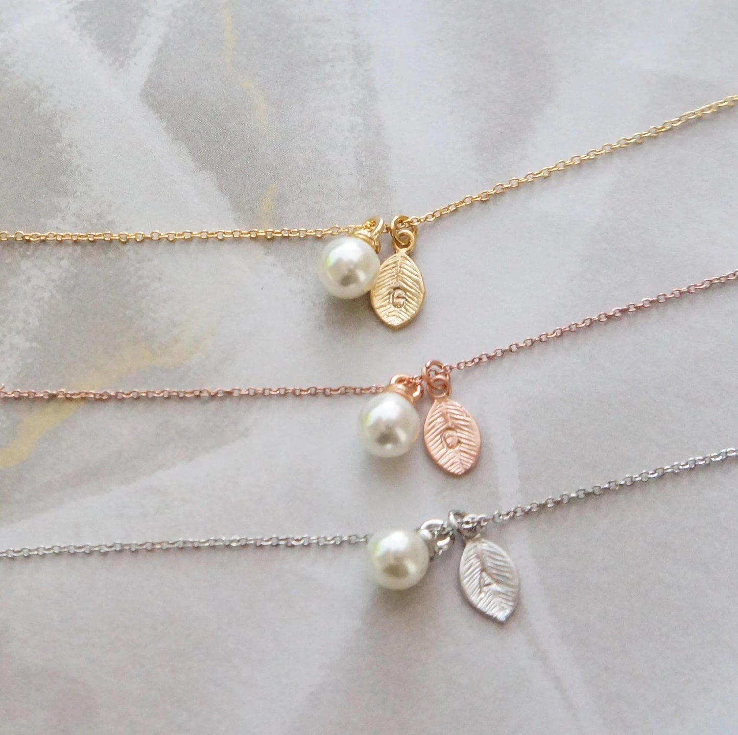 Dainty Pearl Necklace Bridesmaid Gift Personalized Tiny Leaf Necklace Girls Necklace Minimal Pearl Necklace Bridal Jewelry