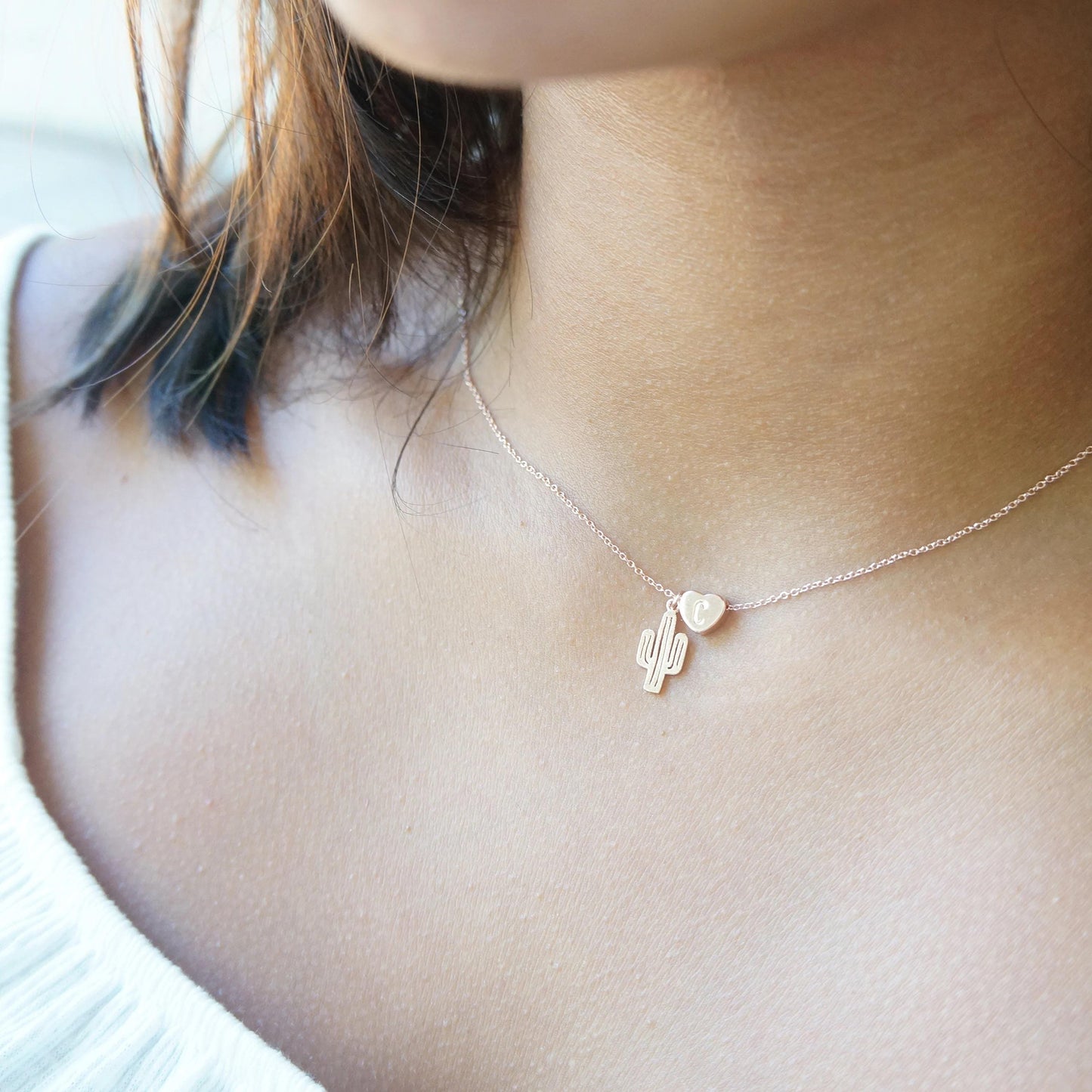 Dainty Personalized Cactus & Heart Necklace