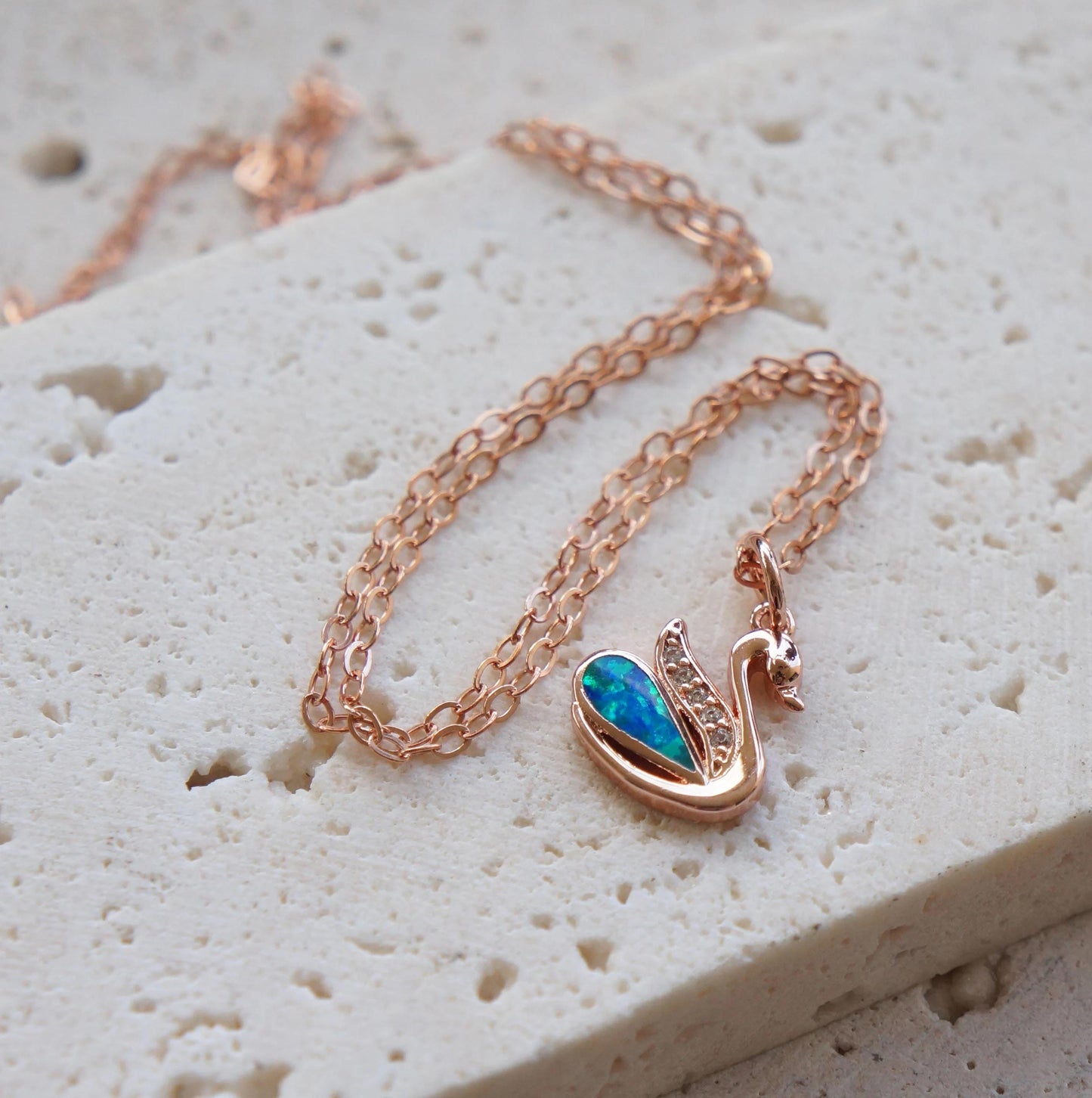 Rose Gold Swan Necklace, Opal Swan Jewelry, Elegant Gift for Her, Elegant 14kt Rose Gold Necklace, Anniversary Necklace, Layering Necklace