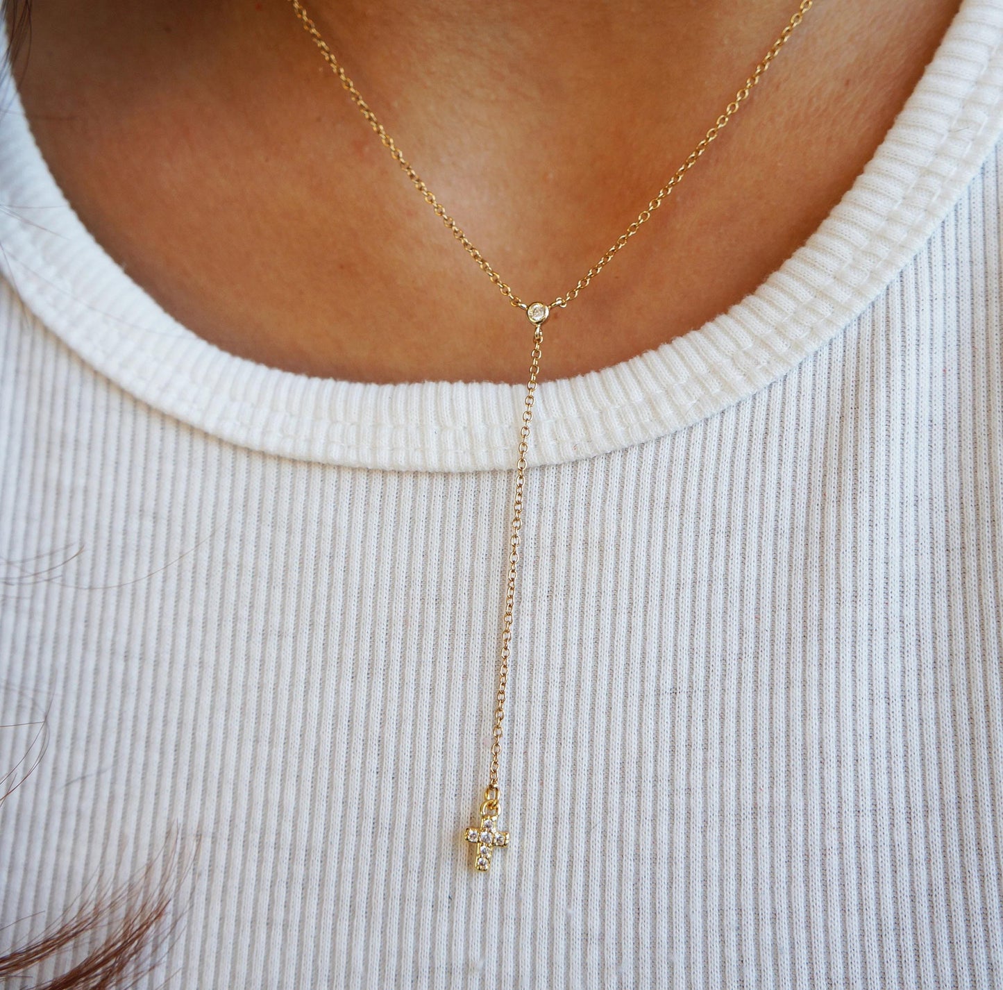 Tiny Rosary Necklace Y Gold Lariat Style Necklace Gold Cross Necklace Delicate CZ Necklace for Her Gift for Mom Her Religious Necklace