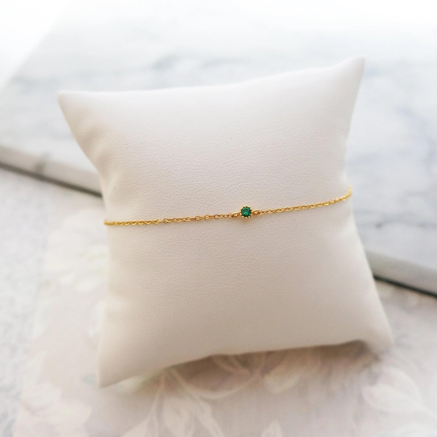 Tiny Emerald Green Delicate Gold Bracelet Minimalist Bracelet Simple Delicate Green Emerald Bracelet Gift for Her May Birthstone