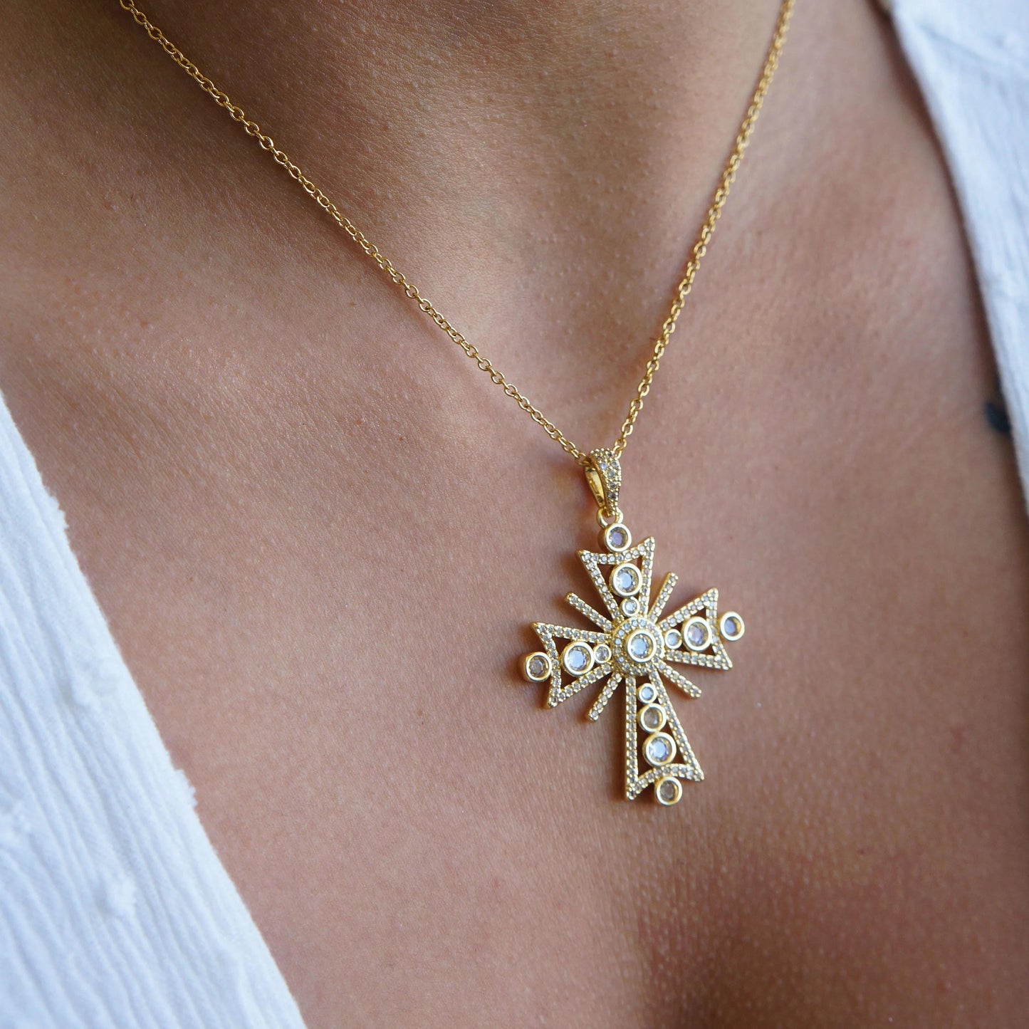 Gold Victorian Style Crystal Cross Necklace