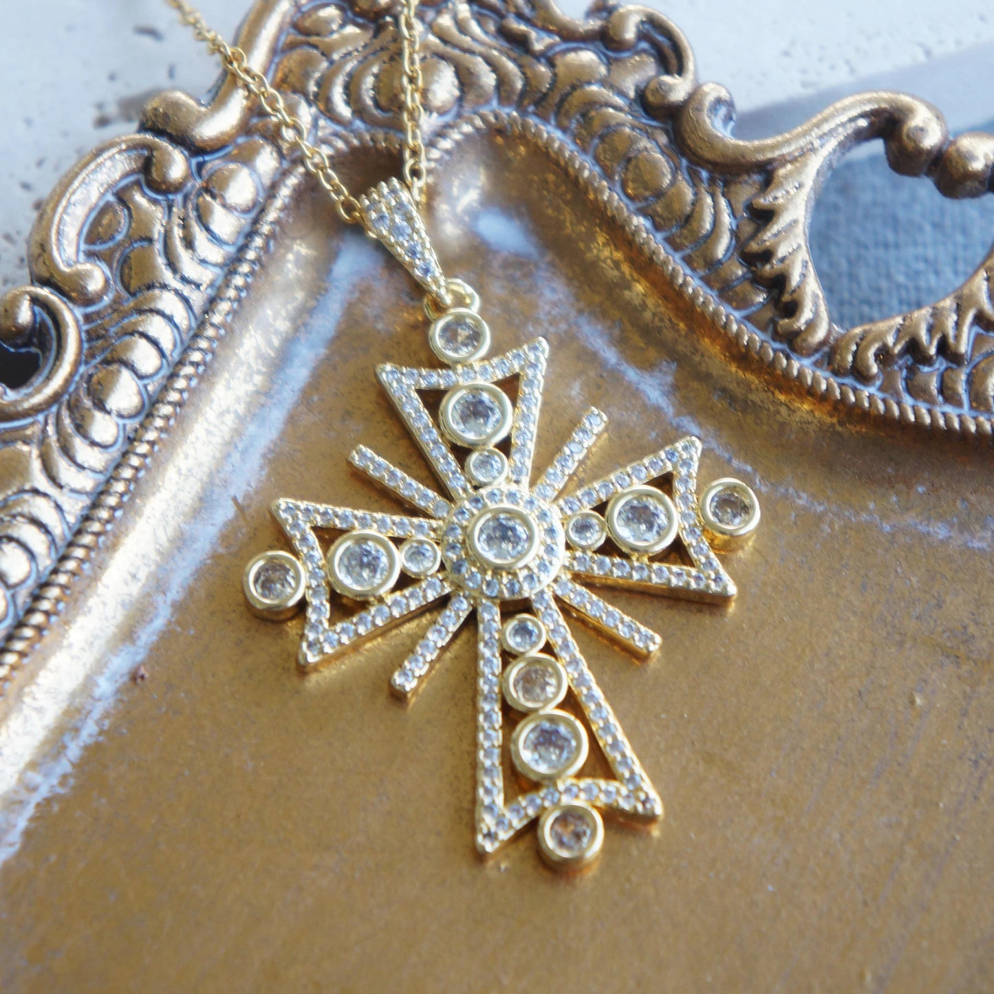 Gold Victorian Style Crystal Cross Necklace