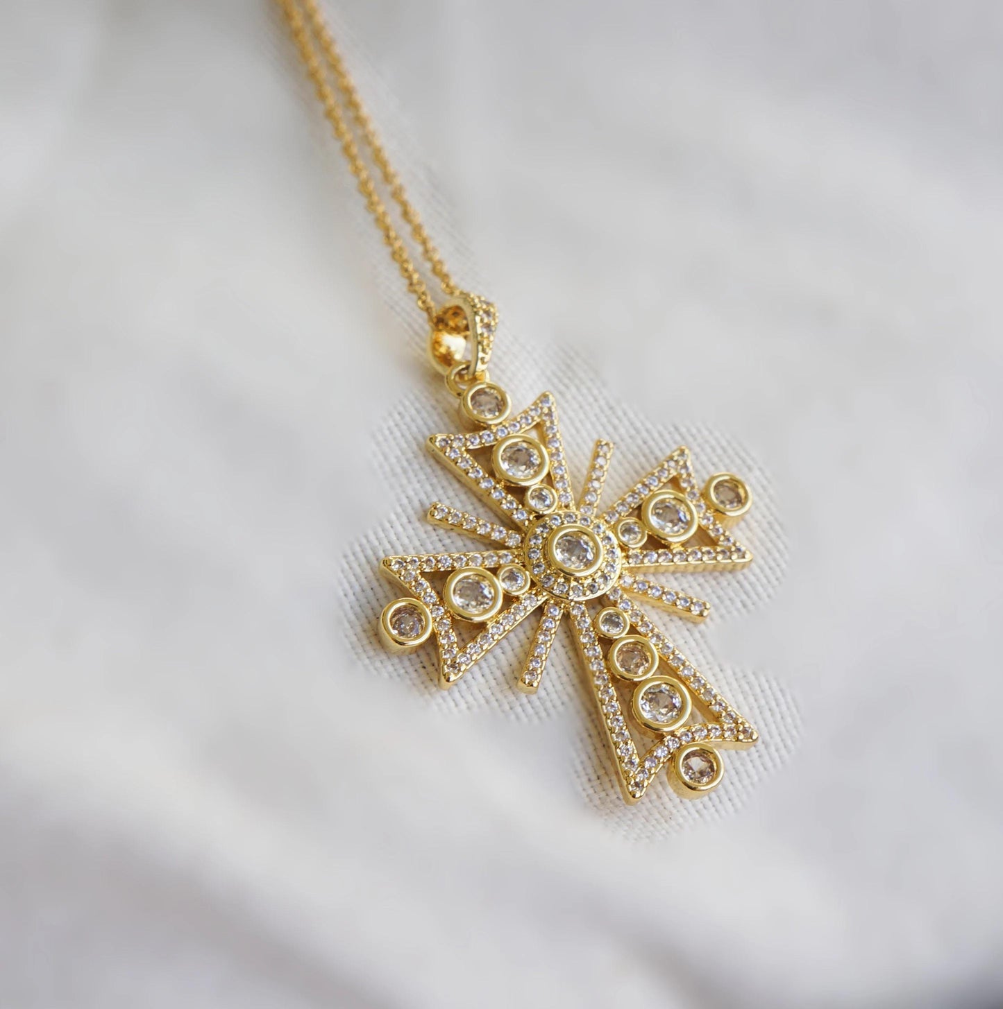 Gold Victorian Style Crystal Cross Necklace