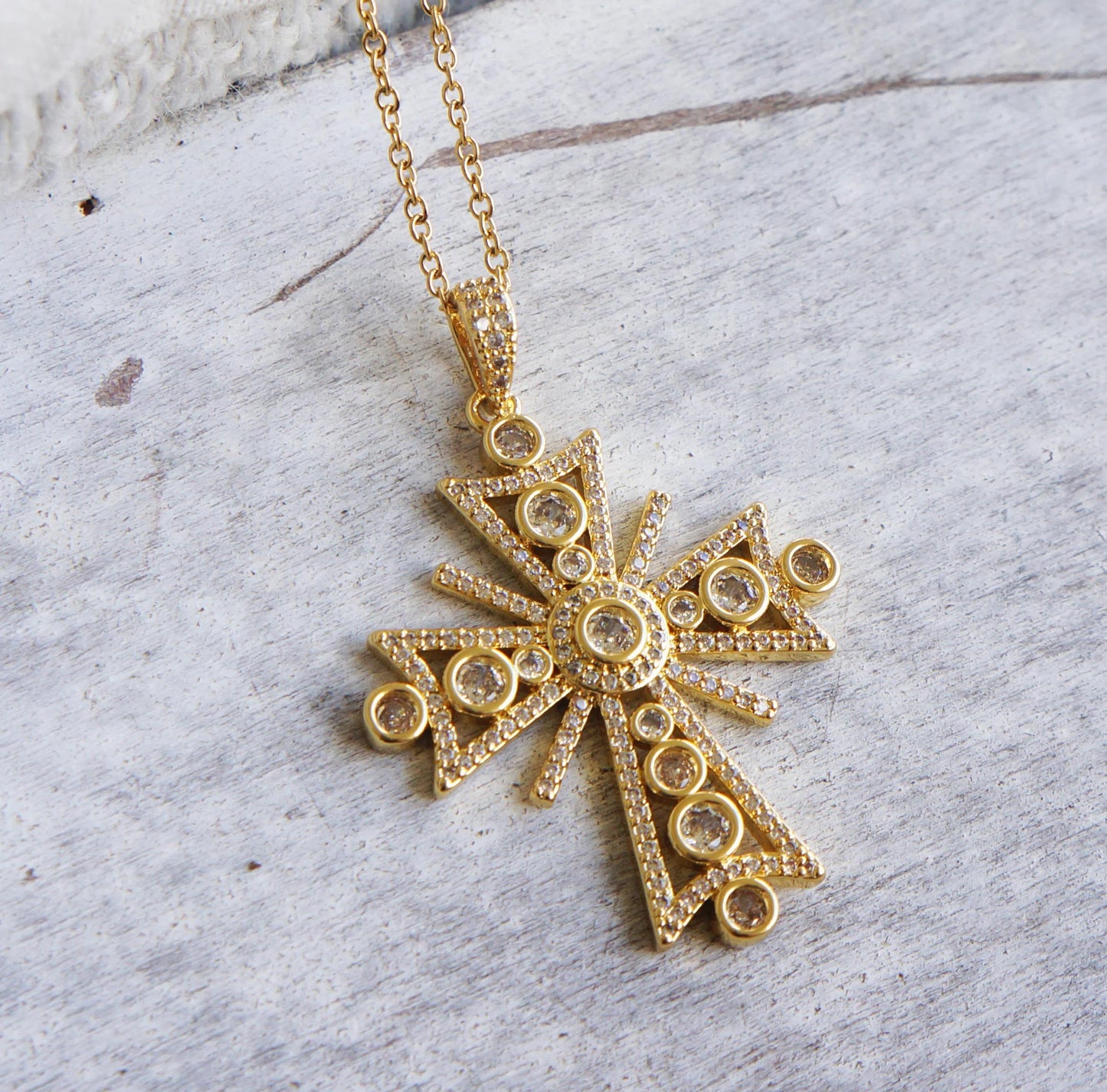 Gold Victorian Style Crystal Cross Necklace