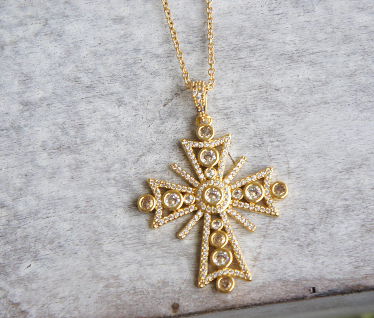 Gold Victorian Style Crystal Cross Necklace