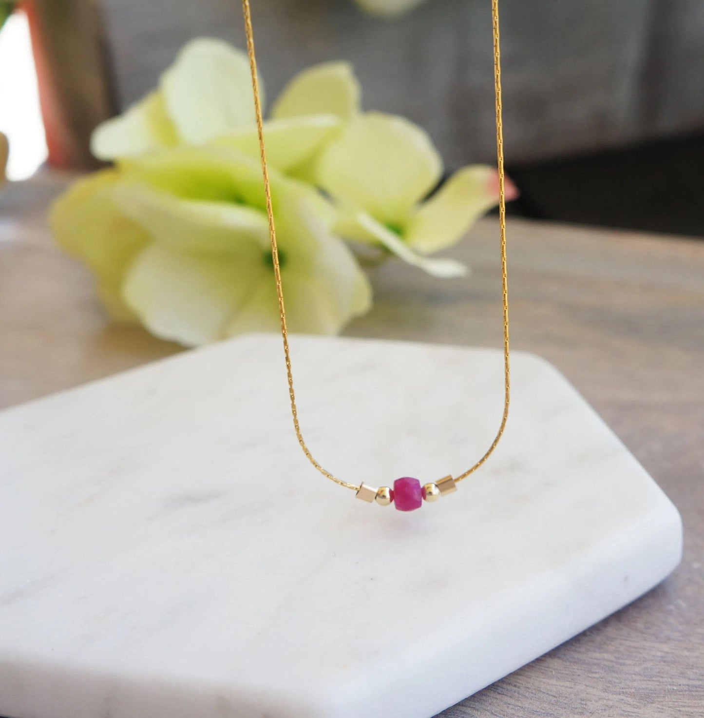 Tiny Ruby Necklace Genuine Pink Ruby Gem Necklace Tiny Gemstone Gold Necklace July Birthstone Gift for Woman Dainty Gold Necklace