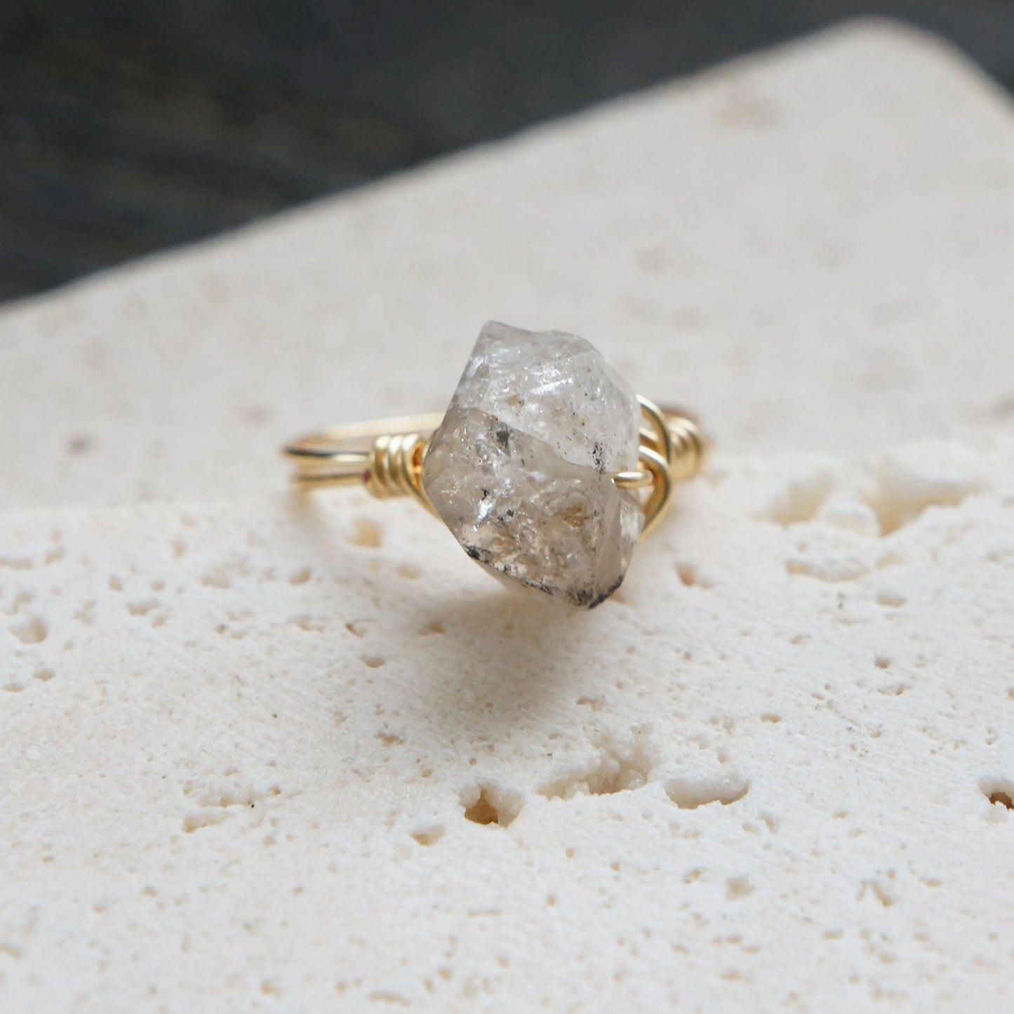 Raw Herkimer Diamond Ring, Gold Fill Wire Jewelry, Healing Crystal Gemstone, Unique Gift, Stacking Ring, Raw Crystal Ring, Handmade