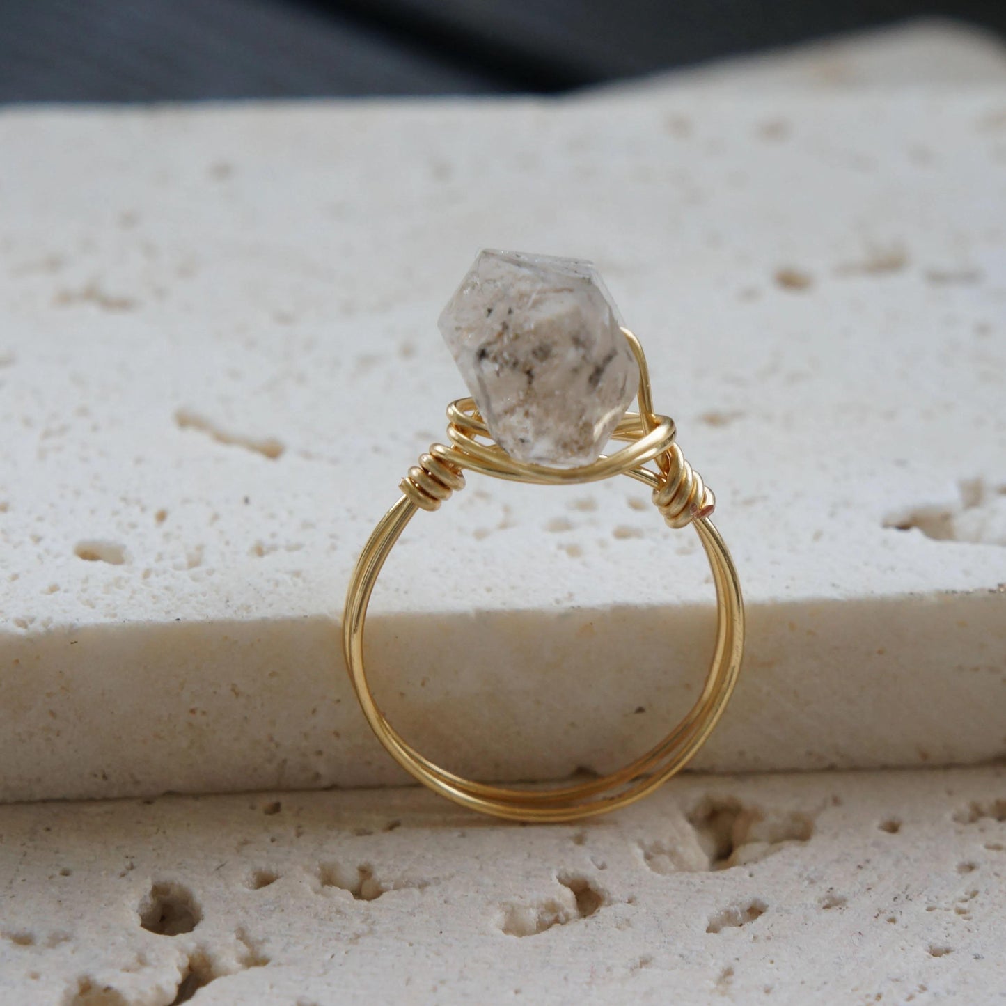 Raw Herkimer Diamond Ring, Gold Fill Wire Jewelry, Healing Crystal Gemstone, Unique Gift, Stacking Ring, Raw Crystal Ring, Handmade