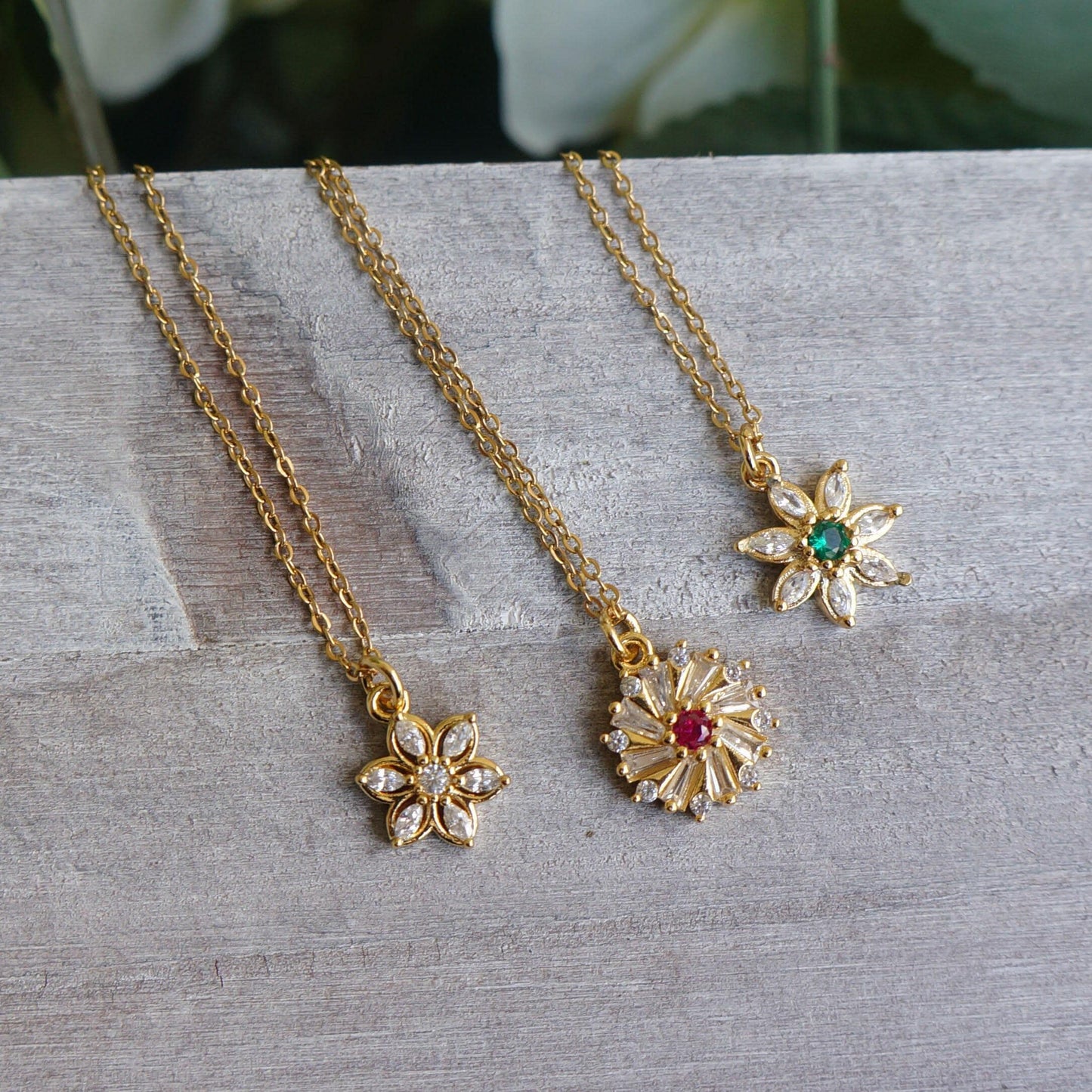 Gold Flower Necklace, CZ Crystal