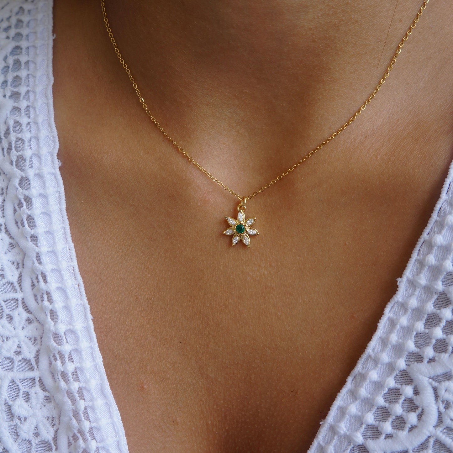 Gold Flower Necklace, CZ Crystal