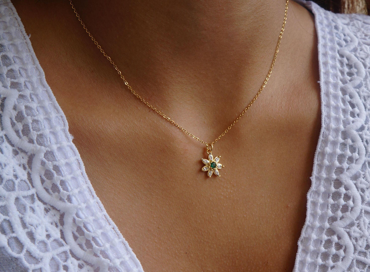 Gold Flower Necklace, CZ Crystal