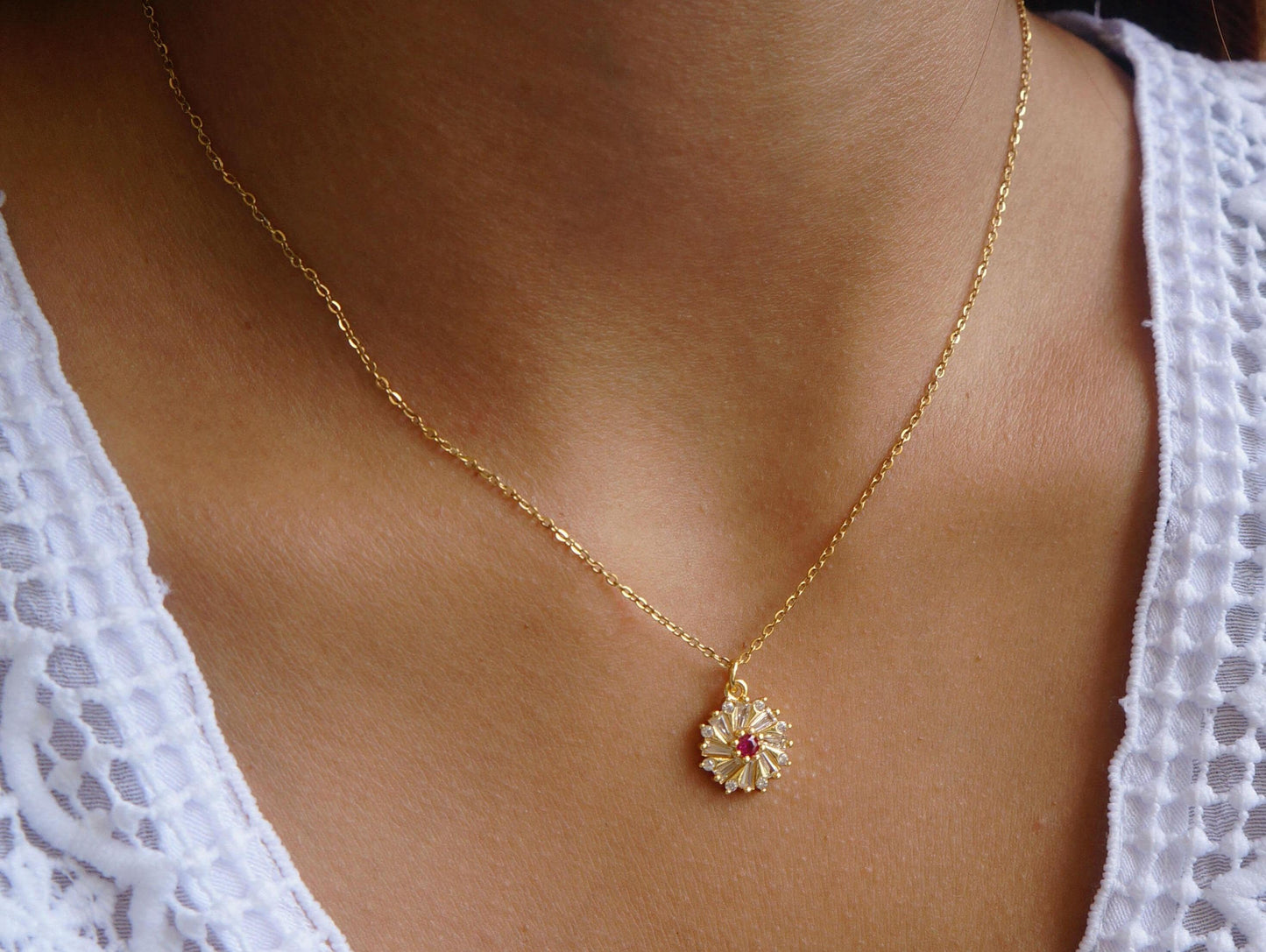 Gold Flower Necklace, CZ Crystal