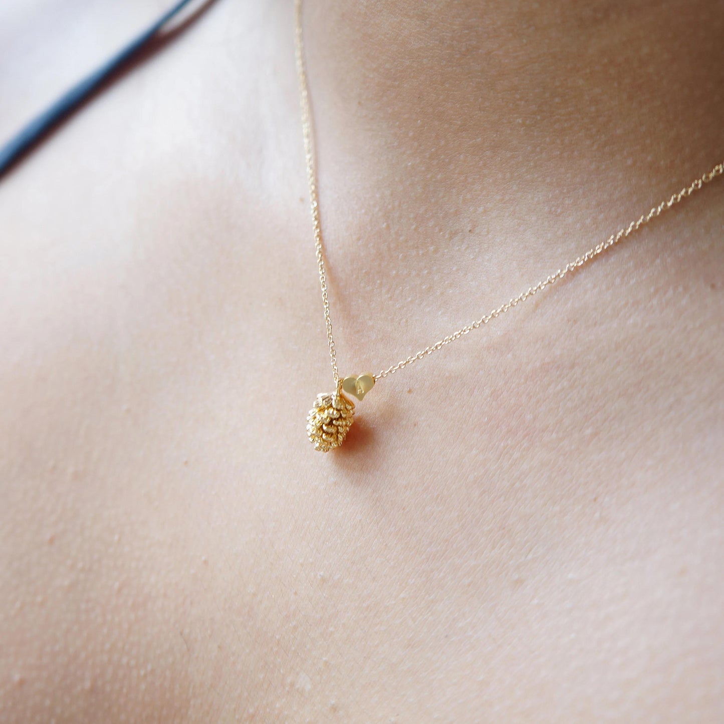 Pinecone Necklace Tiny Initial Heart