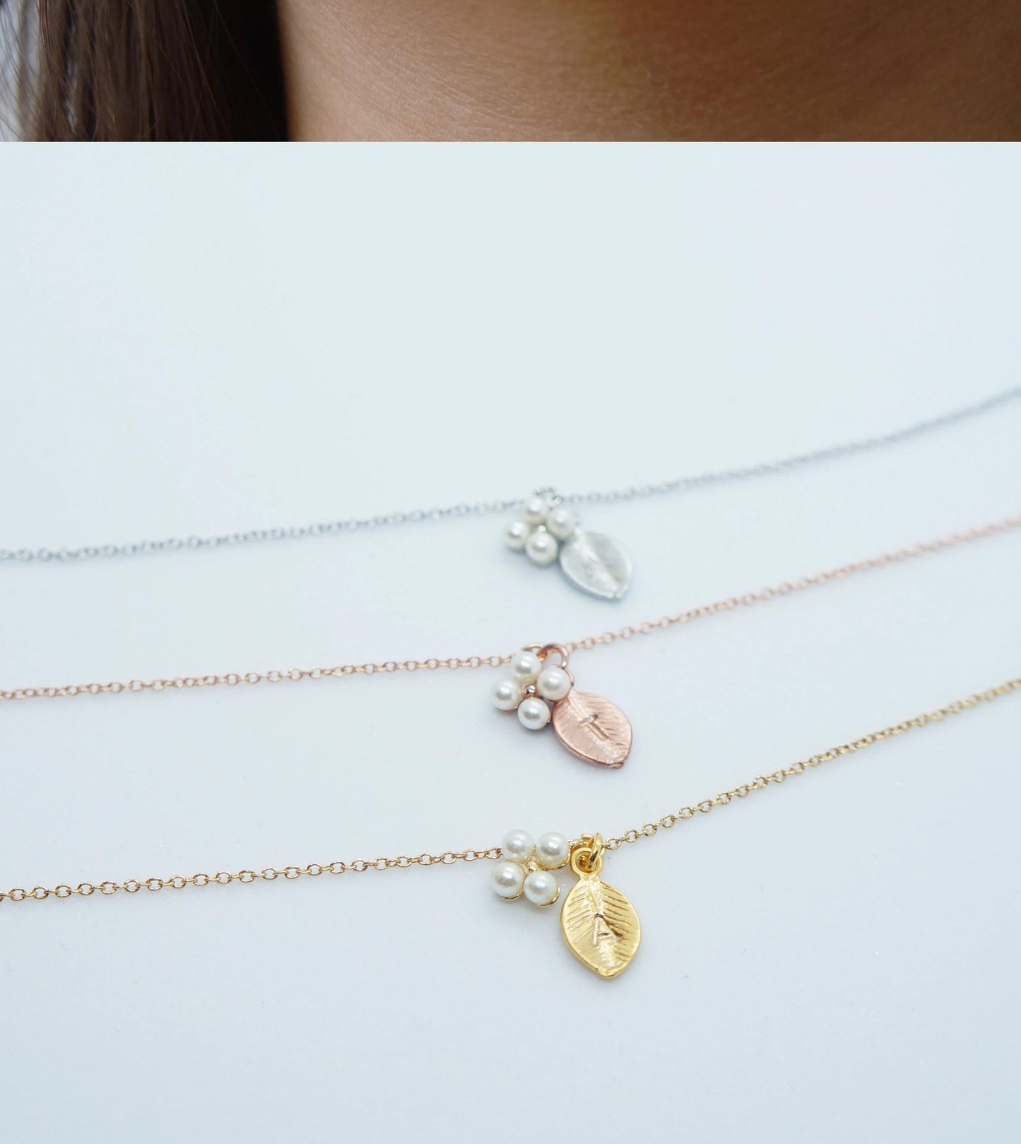 Tiny Pearl Charm Necklace Custom Initial Leaf Necklace Minimalist Necklace Bridesmaids Bridal Shower Gift Idea for Girls Layering Necklace