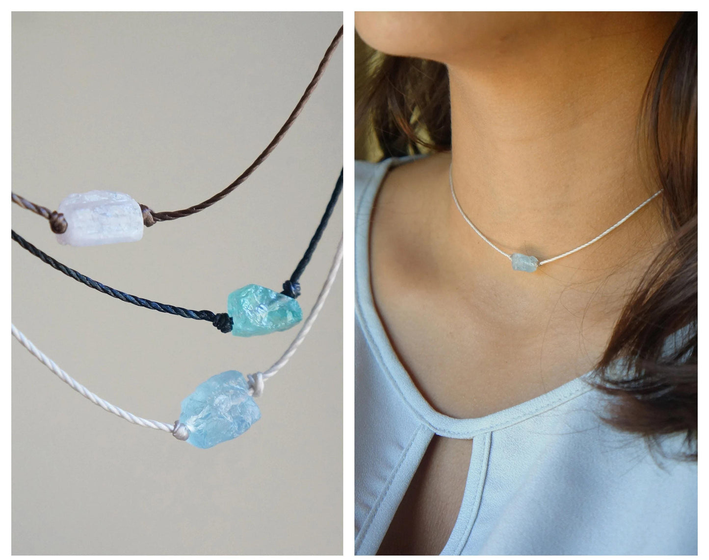 Raw Crystal Choker Natural Stones Powerful Necklace Adjustable Cord Necklace Layered Choker Aquamarine Apatite Moonstone Dainty Choker