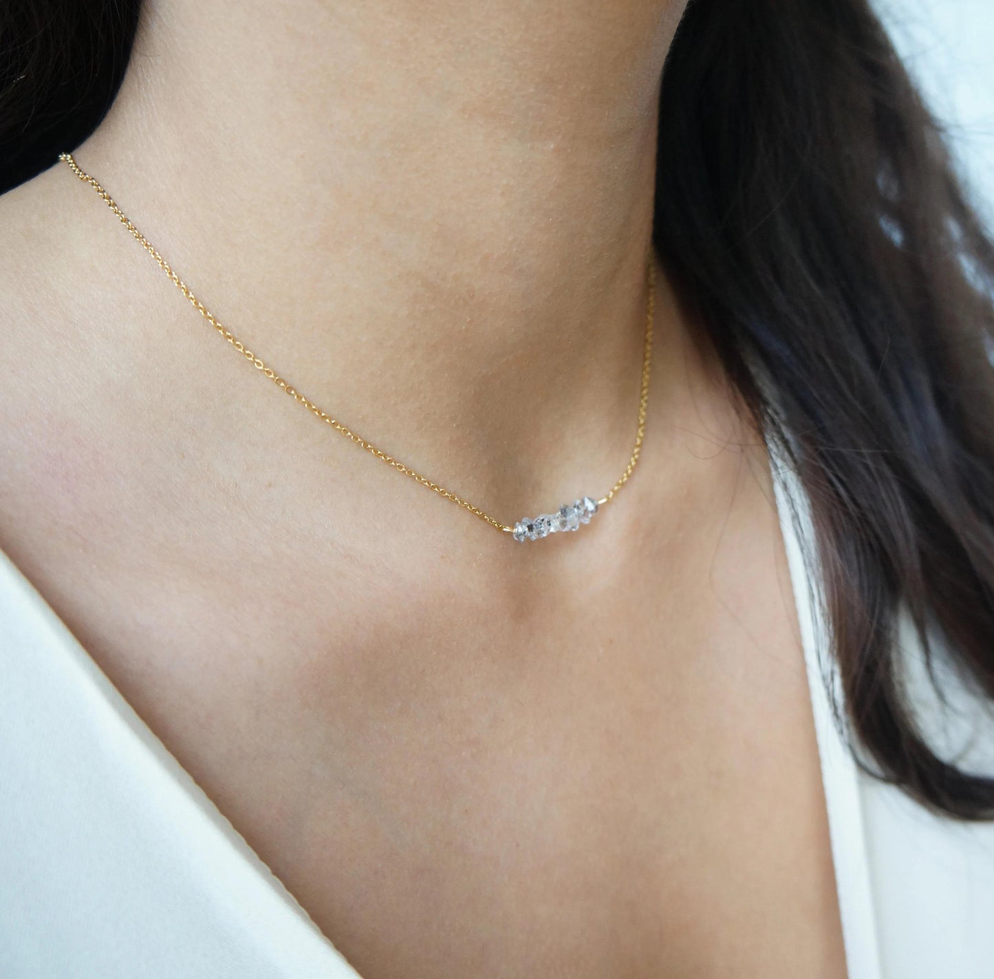 Tiny Herkimer Necklace Dainty Raw Bar Diamond Necklace Raw Crystals Natural Herkimer Crystals April Birthstone Necklace FLTCH