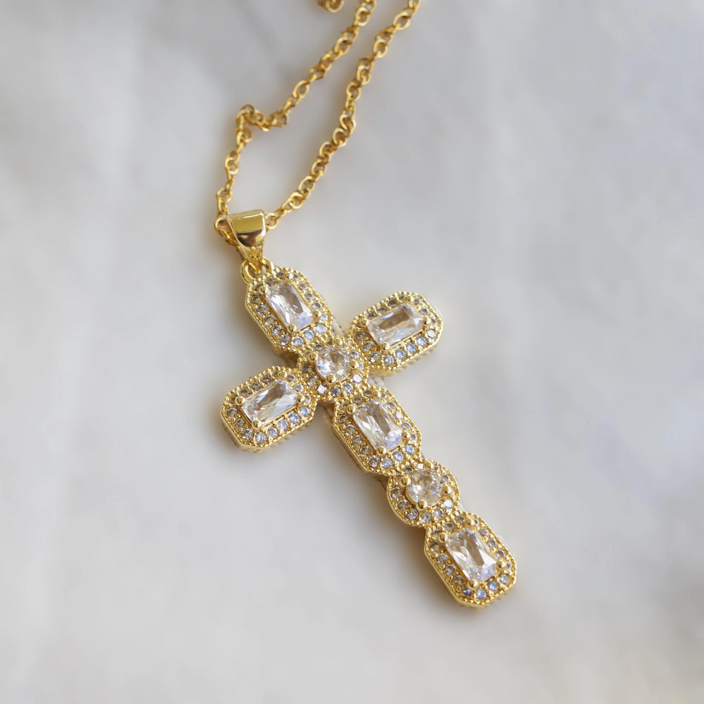 Large Victorian Gold Crystal Cross Necklace