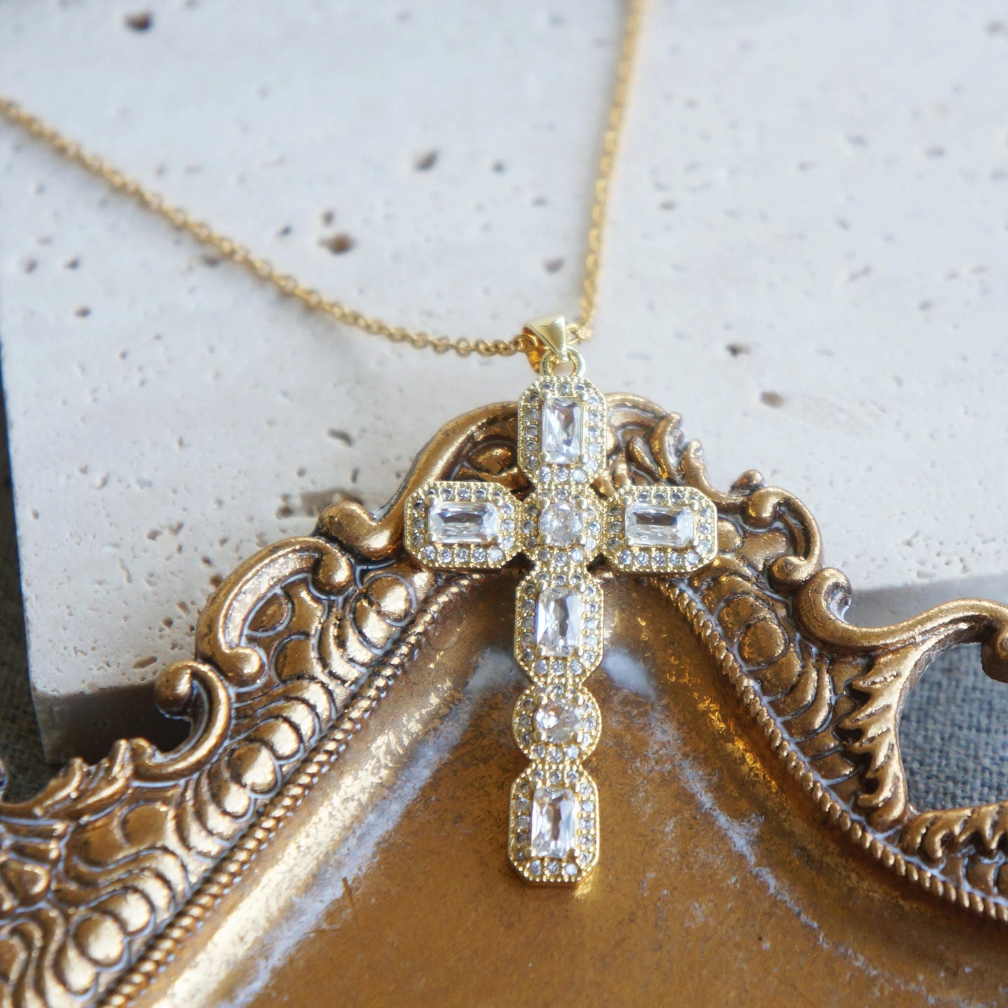 Large Victorian Gold Crystal Cross Necklace