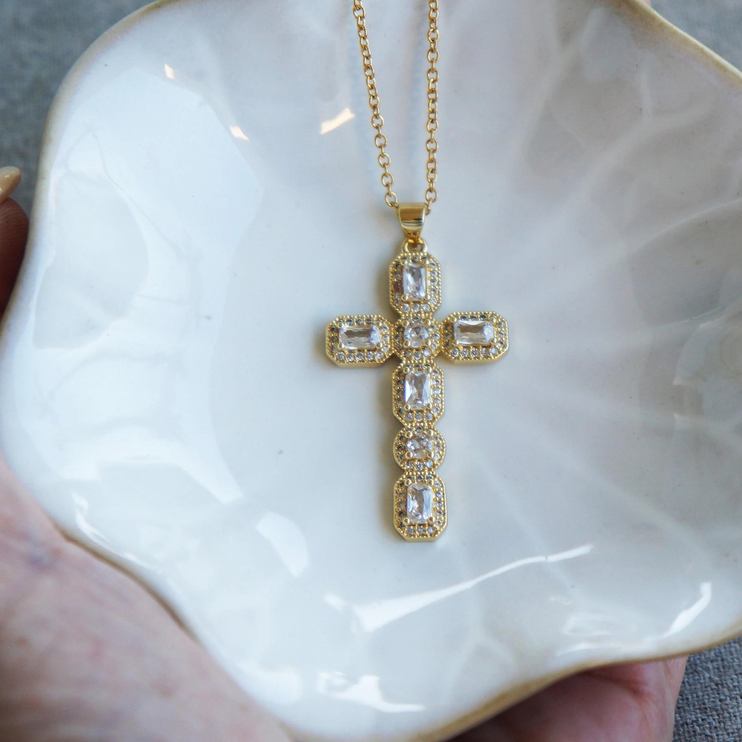 Large Victorian Gold Crystal Cross Necklace