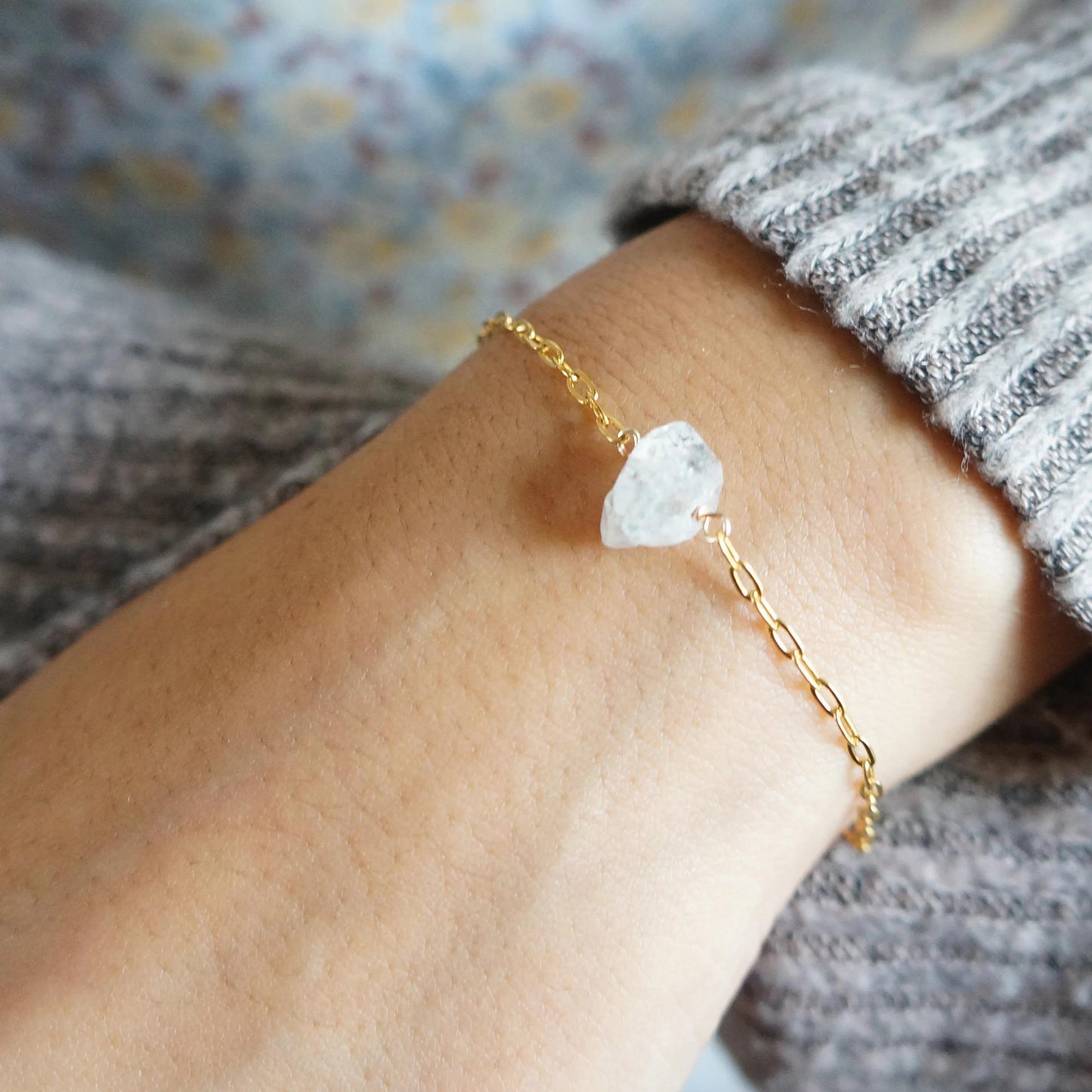 Raw Herkimer Diamond Bracelet Natural Rough Cut Herkimer Dainty Bracelet April Birthstone Gift for Women Raw Gemstone Bracelet