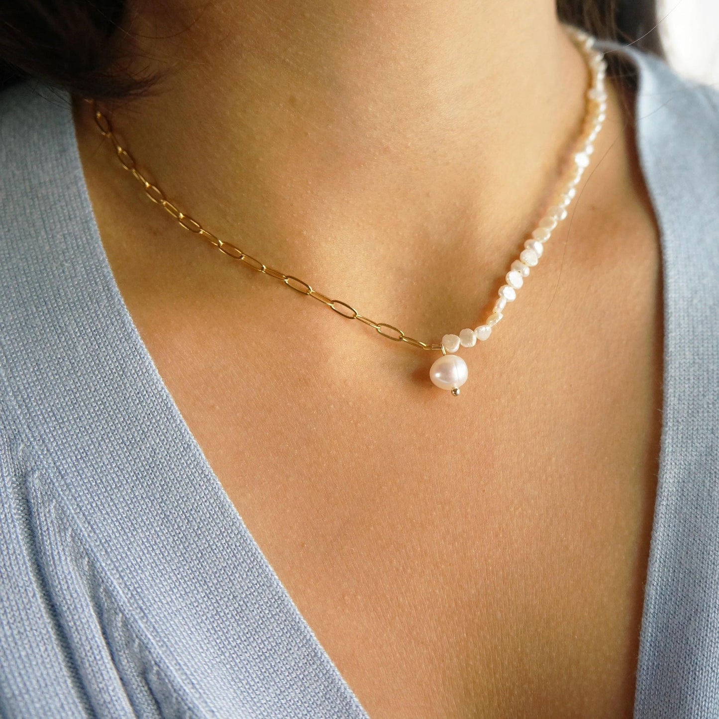 Chain Pearl Necklace Half Half