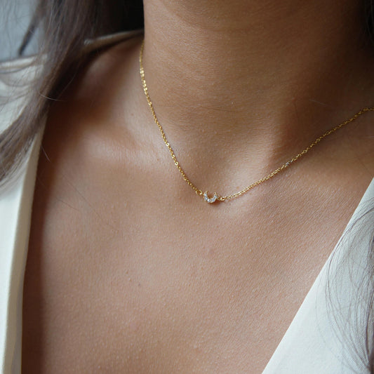 CZ Moon Gold Necklace, Tiny Moon