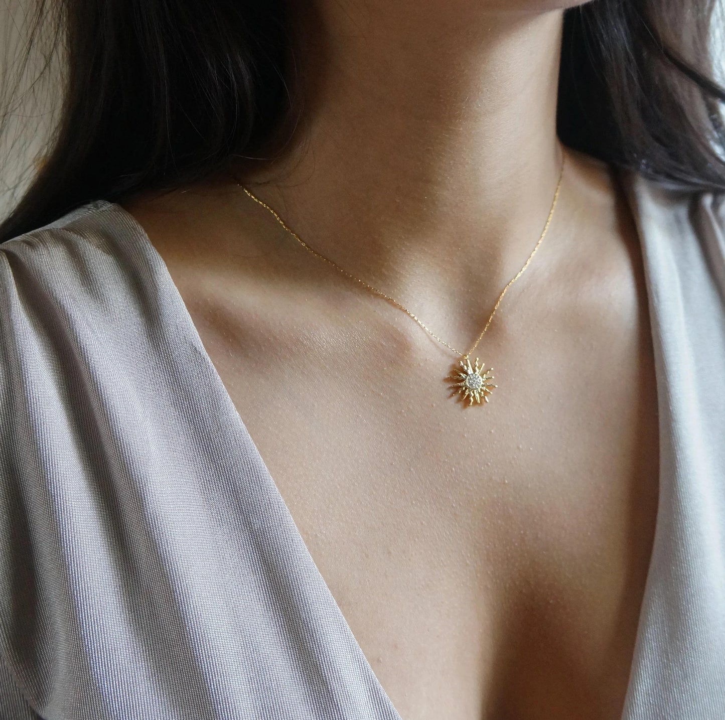 Dainty Gold Crystal Sun Charm Necklace