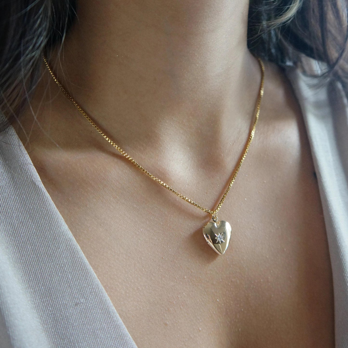 Gold Locket Necklace, Box Chain